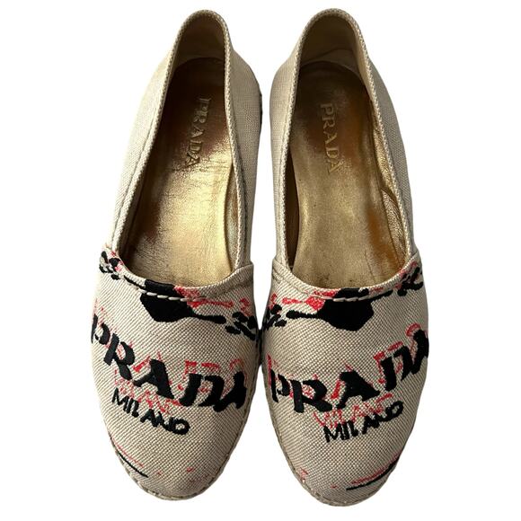 PRADA Embroidered Logo Canvas Espadrille EU 38 US 8 Beige Slip On Flats - Picture 2 of 12
